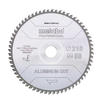 Metabo Hoja de sierra "aluminium cut - professional", 216x30 Z58 FZ/TZ 5°neg (628443000) · 628443000